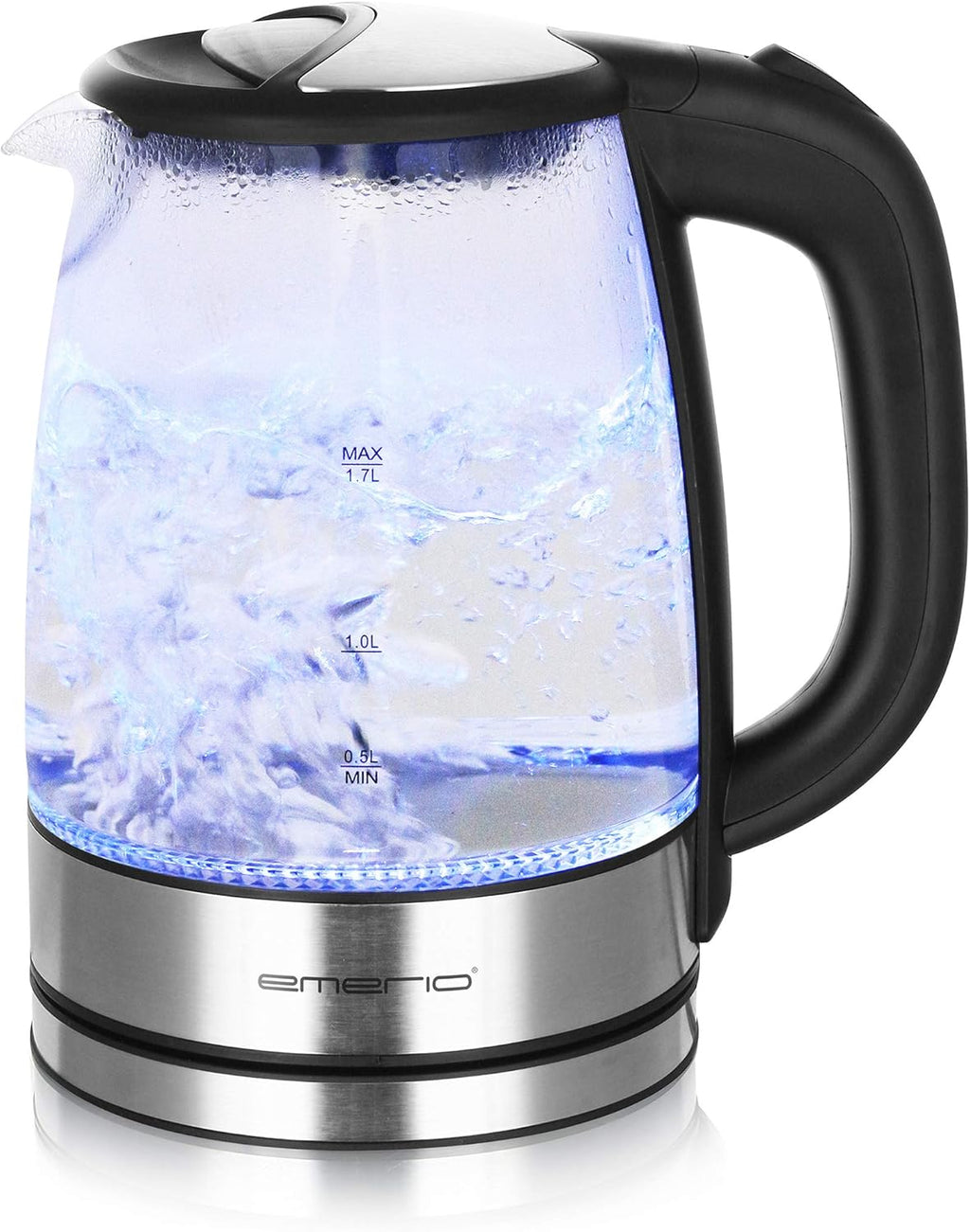 Emerio WK-119988 Glass Kettle, 1.7 Litre, 2200 Watt, LED Interior Lighting, 360 ° Base, Silver