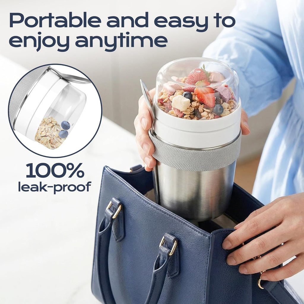 Stainless Steel Cereal Cup to Go 500 ml + 220 ml Includes Spoon, Leak-proof and Insulated. Suitable for Oatmeal, Yoghurt and Other Foods. Ideal to Take with You on the Go