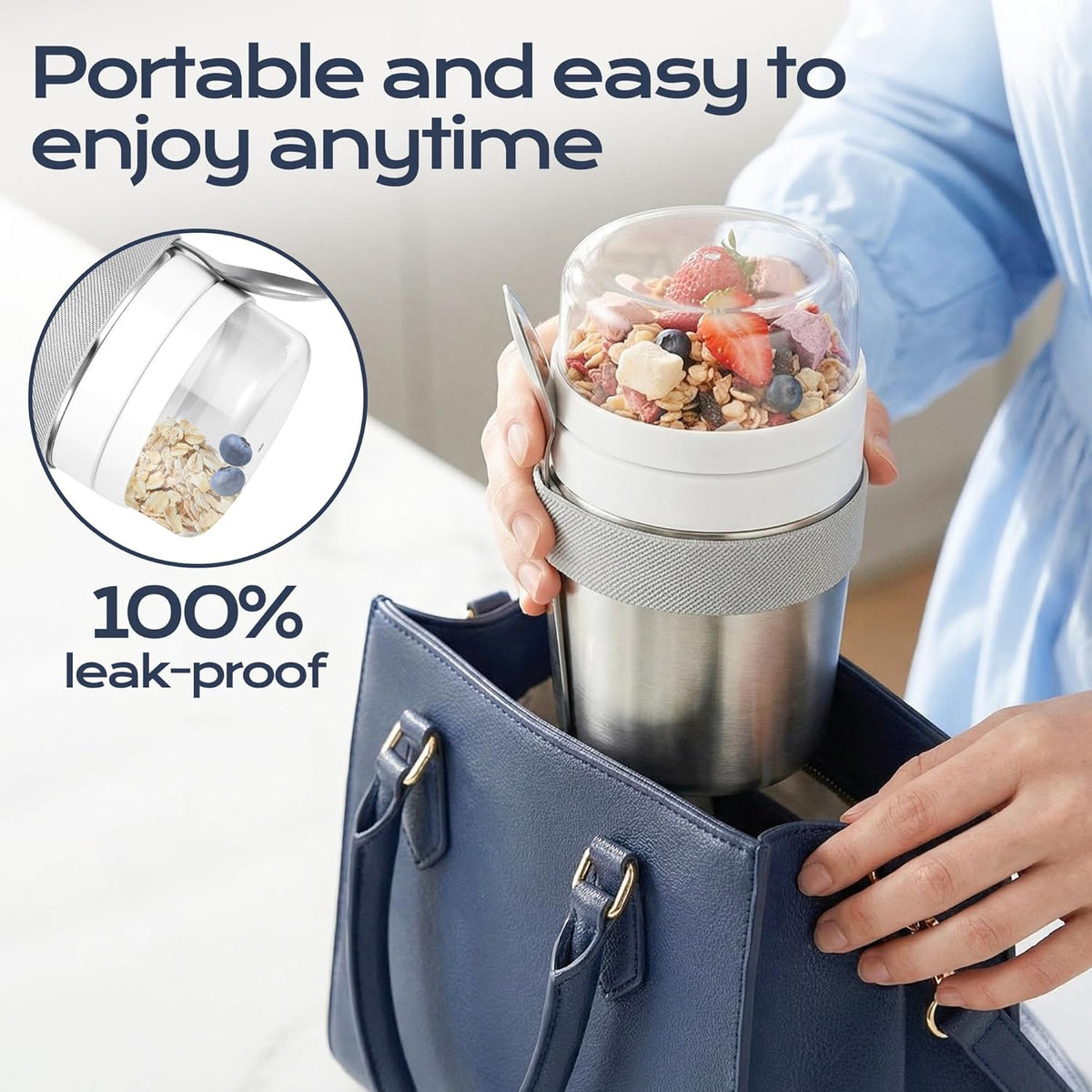 Stainless Steel Cereal Cup to Go 500 ml + 220 ml Includes Spoon, Leak-proof and Insulated. Suitable for Oatmeal, Yoghurt and Other Foods. Ideal to Take with You on the Go
