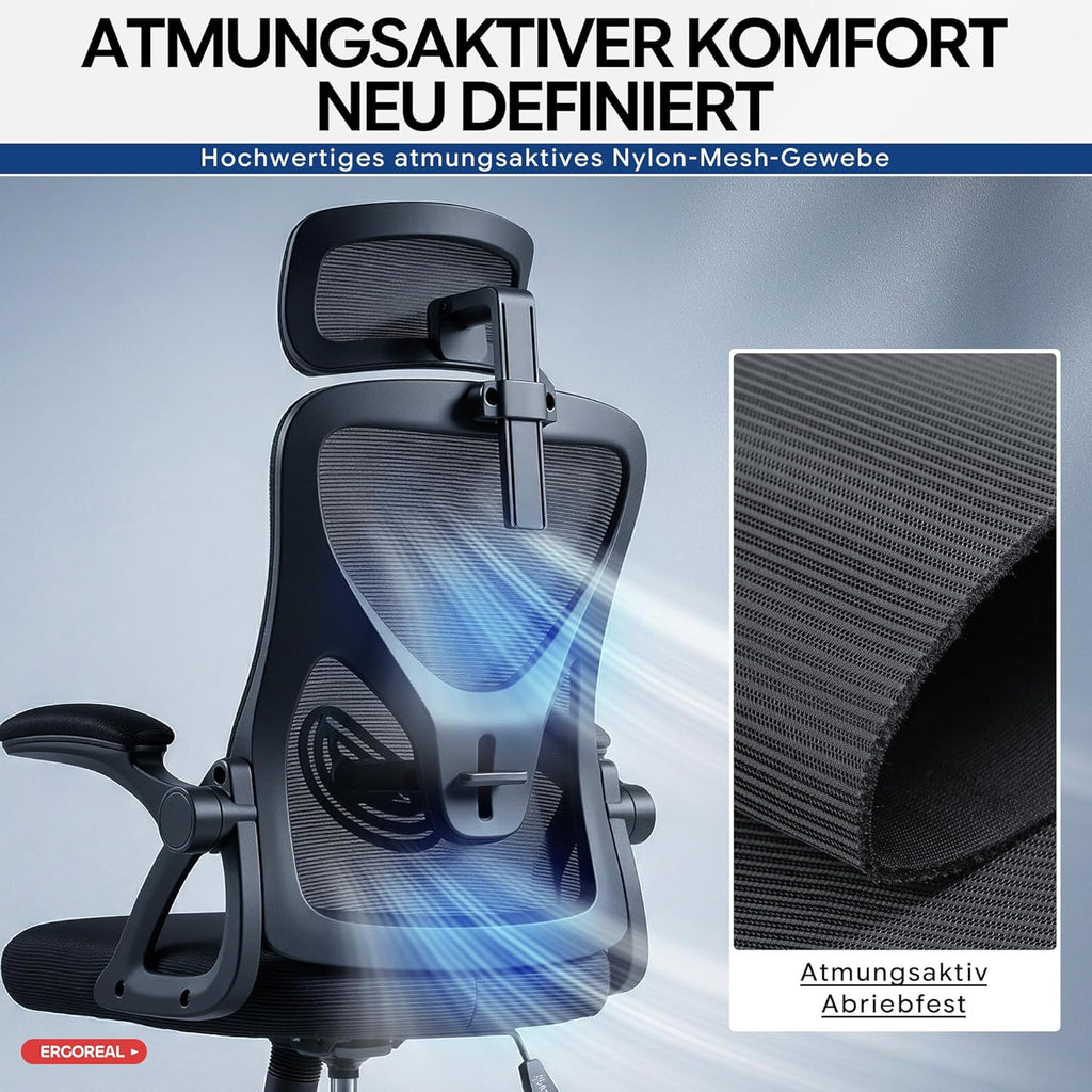 Ergonomic Mesh Office Chair for Home Office, with Adjustable Lumbar Support & 2D Headrest, Folding Armrests, Quiet PU Wheels, Sturdy Gas Spring Class 3, up to 140 kg (Deep Black)
