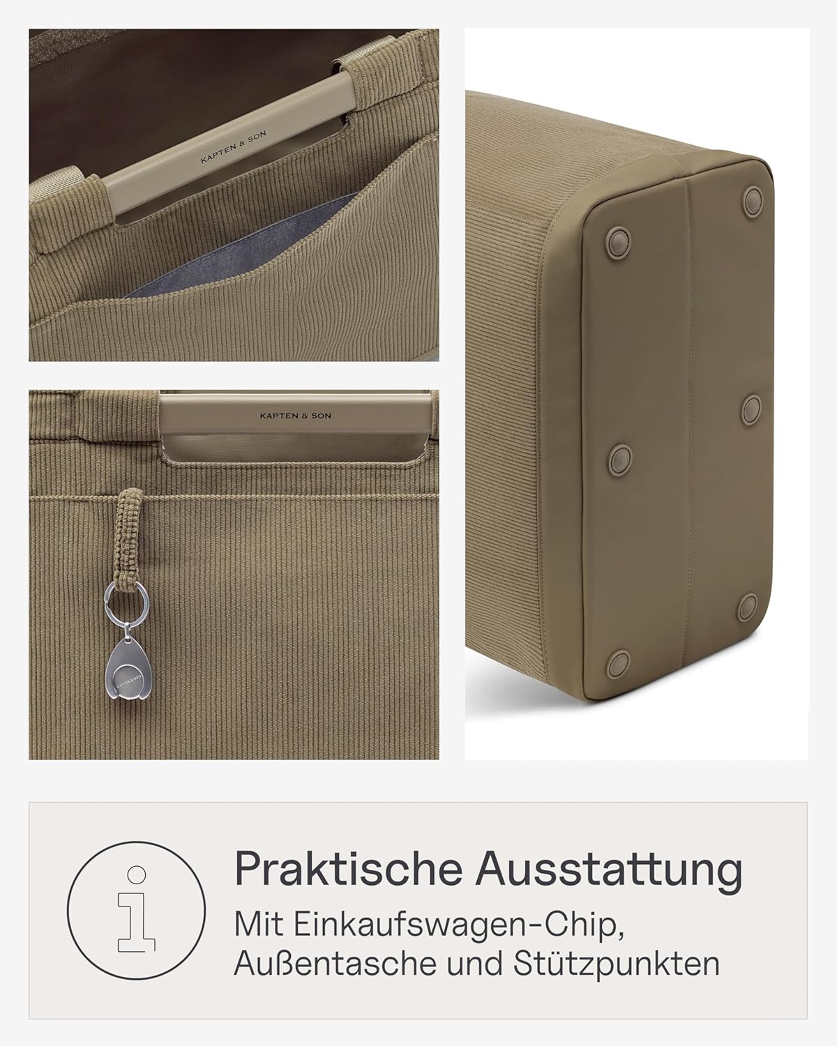 Kapten & Son Vaasa Foldable Shopping Basket Cord Dusty Khaki 25 L | Basket Corduroy Green | Includes Shopping Trolley Chip & Magnetic Compartment | Wipeable Inner Material | Stylish Everyday Companion