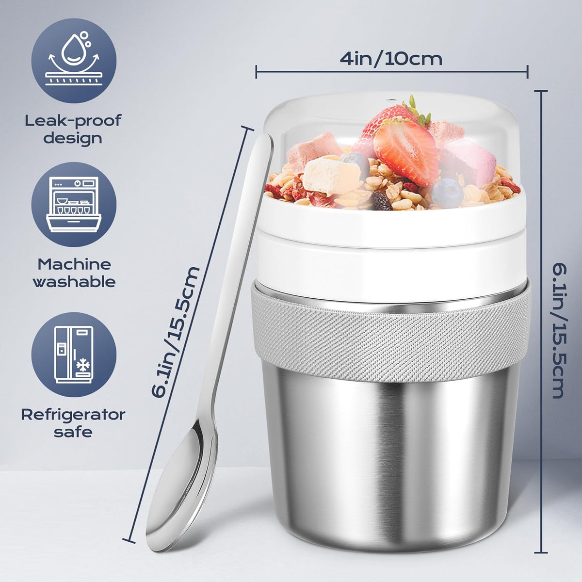 Stainless Steel Cereal Cup to Go 500 ml + 220 ml Includes Spoon, Leak-proof and Insulated. Suitable for Oatmeal, Yoghurt and Other Foods. Ideal to Take with You on the Go