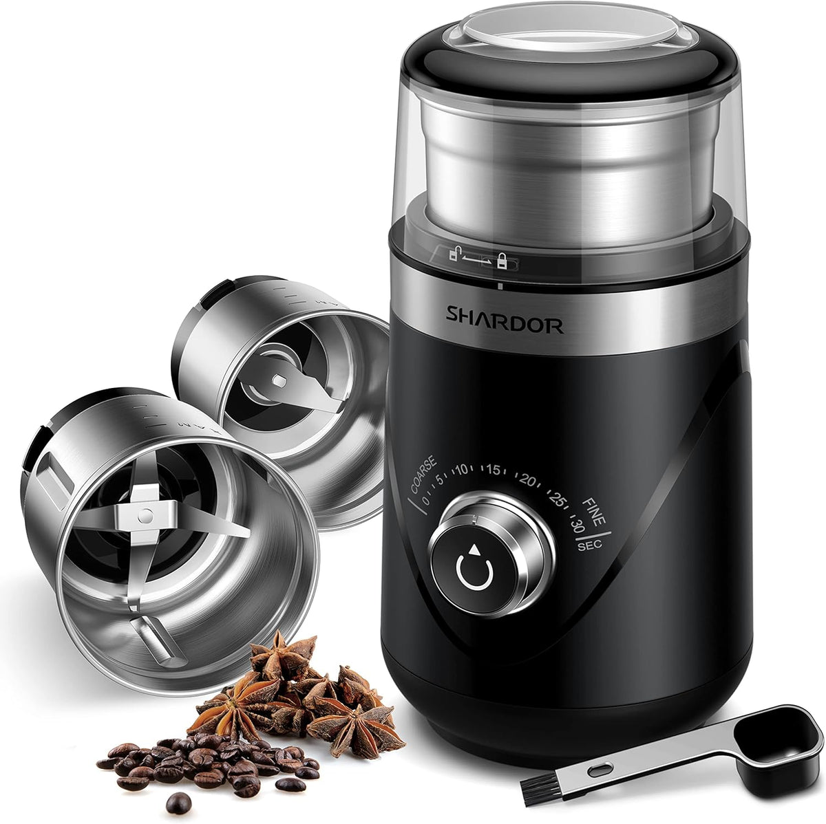 SHARDOR Electric Coffee Grinder with 2 Stainless Steel Cups, Spice Mill, Automatic Timer, Coffee Grinder for Coffee Beans, Spices, Cereals, Nuts, 2 x 80 g