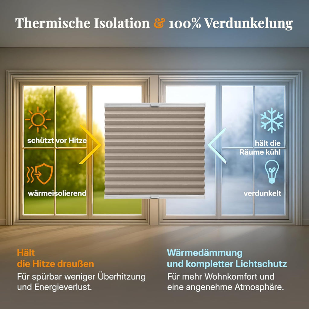 Klemmfix Honeycomb Pleated Blind, No Drilling, 100% Blackout Honeycomb Roller Blind, Two-Tone, Beige/White, 80 x 130 cm, Thermal Folding Blind with Metal Clips for Windows and Doors, Blind