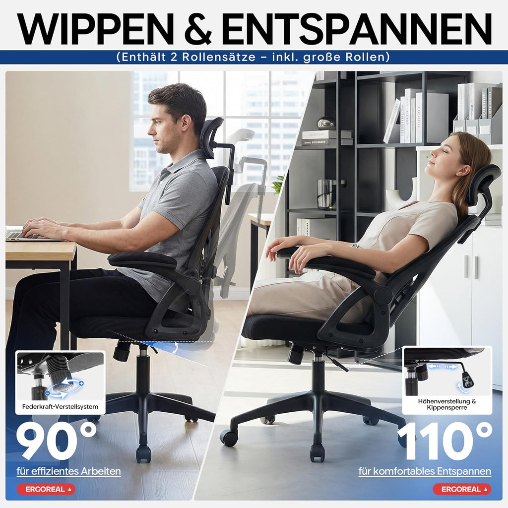Ergonomic Mesh Office Chair for Home Office, with Adjustable Lumbar Support & 2D Headrest, Folding Armrests, Quiet PU Wheels, Sturdy Gas Spring Class 3, up to 140 kg (Deep Black)