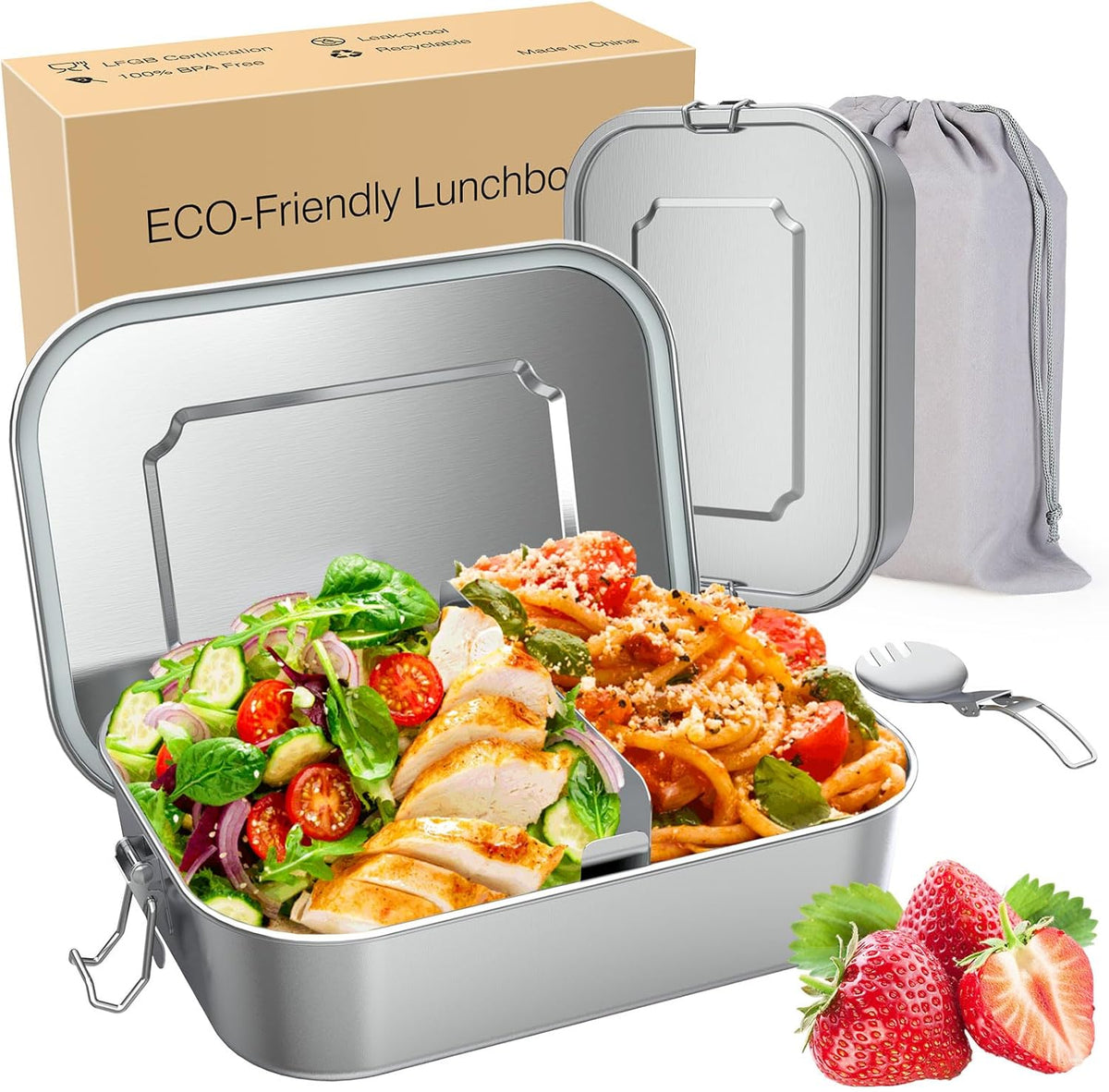 Stainless Steel Lunch Box with Compartments, Leak-Proof, 1200 ml, Lunch Box with Divider, Metal Lunch Box for Adults and Children