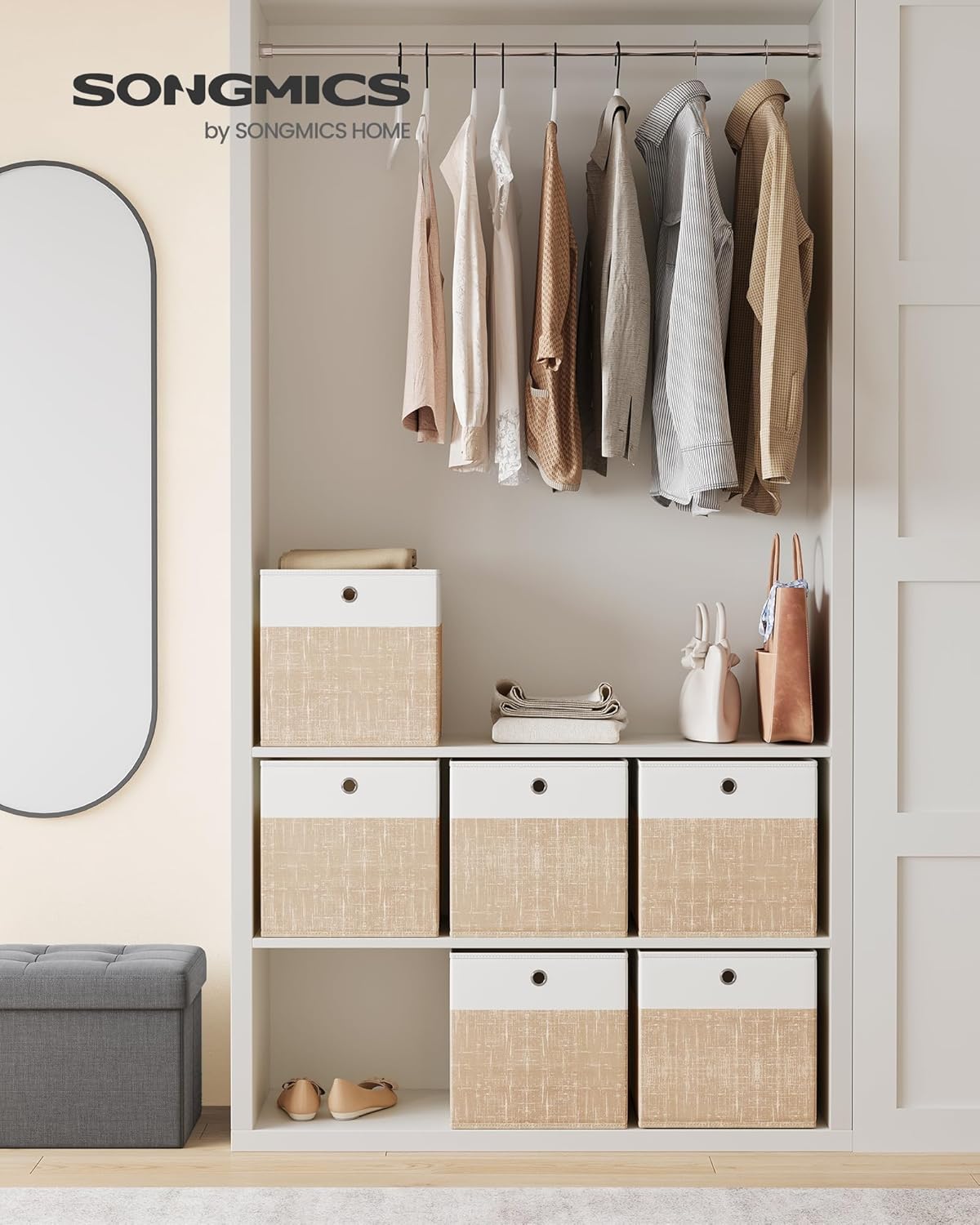 SONGMICS RFB433LF02 Storage Boxes, Set of 6, Storage Basket, Organiser Boxes with PP Panels, Odourless, Folding Box, Fabric Box for Cube Shelf, 33 x 33 x 33 cm, Cloud White/Sand Beige