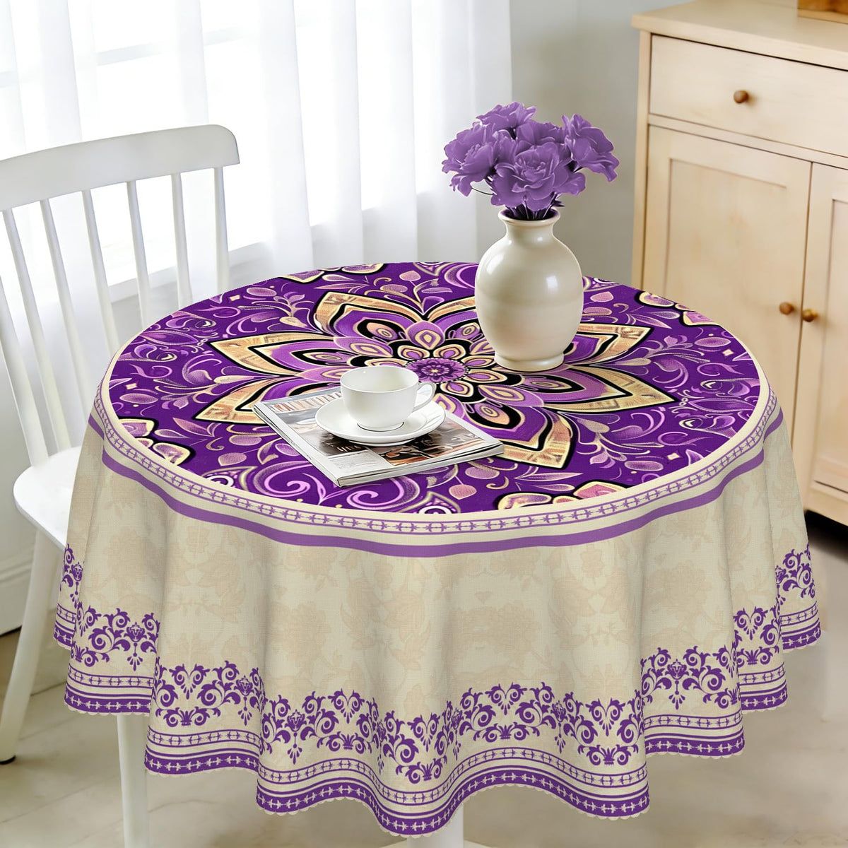 Round Tablecloth 120 cm Weatherproof Washable Polyester Dandelion Floral Pattern Outdoor Tablecloth for Garden Kitchen Dining Room Balcony for 2-4 People Waterproof and Durable