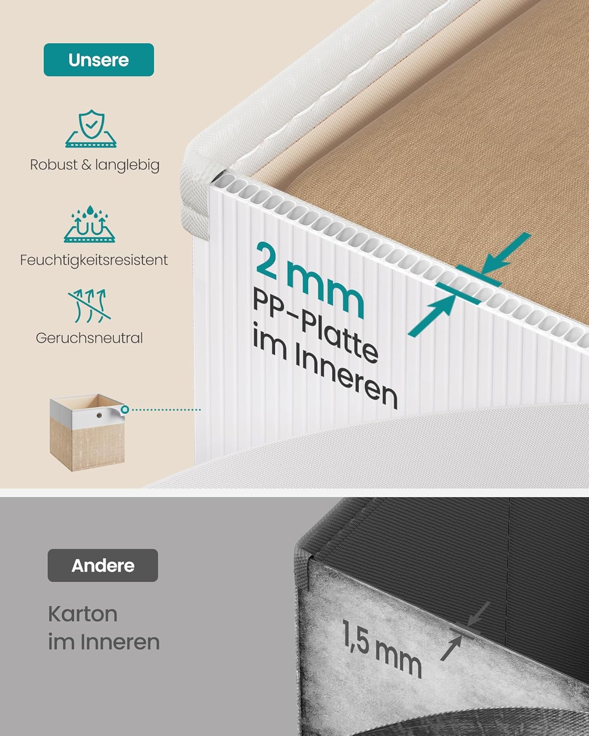 SONGMICS RFB433LF02 Storage Boxes, Set of 6, Storage Basket, Organiser Boxes with PP Panels, Odourless, Folding Box, Fabric Box for Cube Shelf, 33 x 33 x 33 cm, Cloud White/Sand Beige