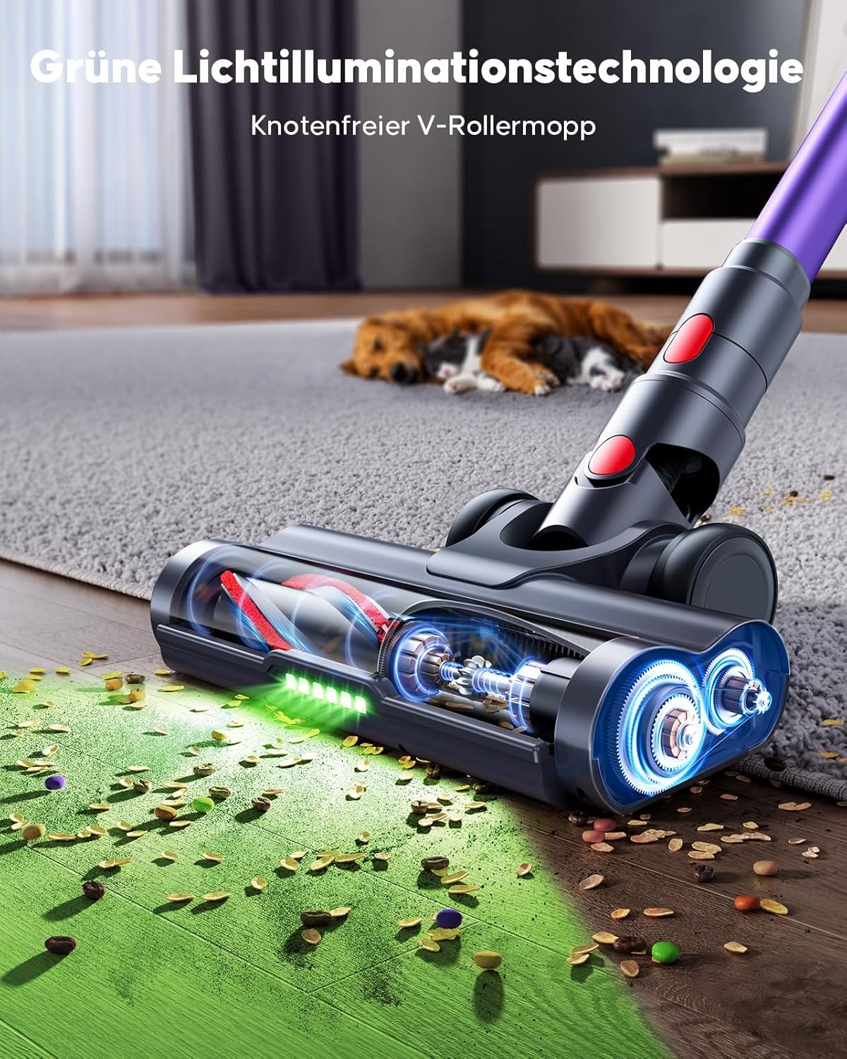 Battery Vacuum Cleaner 600 W/45 kPa/60 Min, Wireless Vacuum Cleaner with 1 m Hose, HD Display, Aromatherapy, 1.8 L Dust Container, Anti-Tangle Brush, Vacuum Cleaner Green LED Light Brush for Carpets