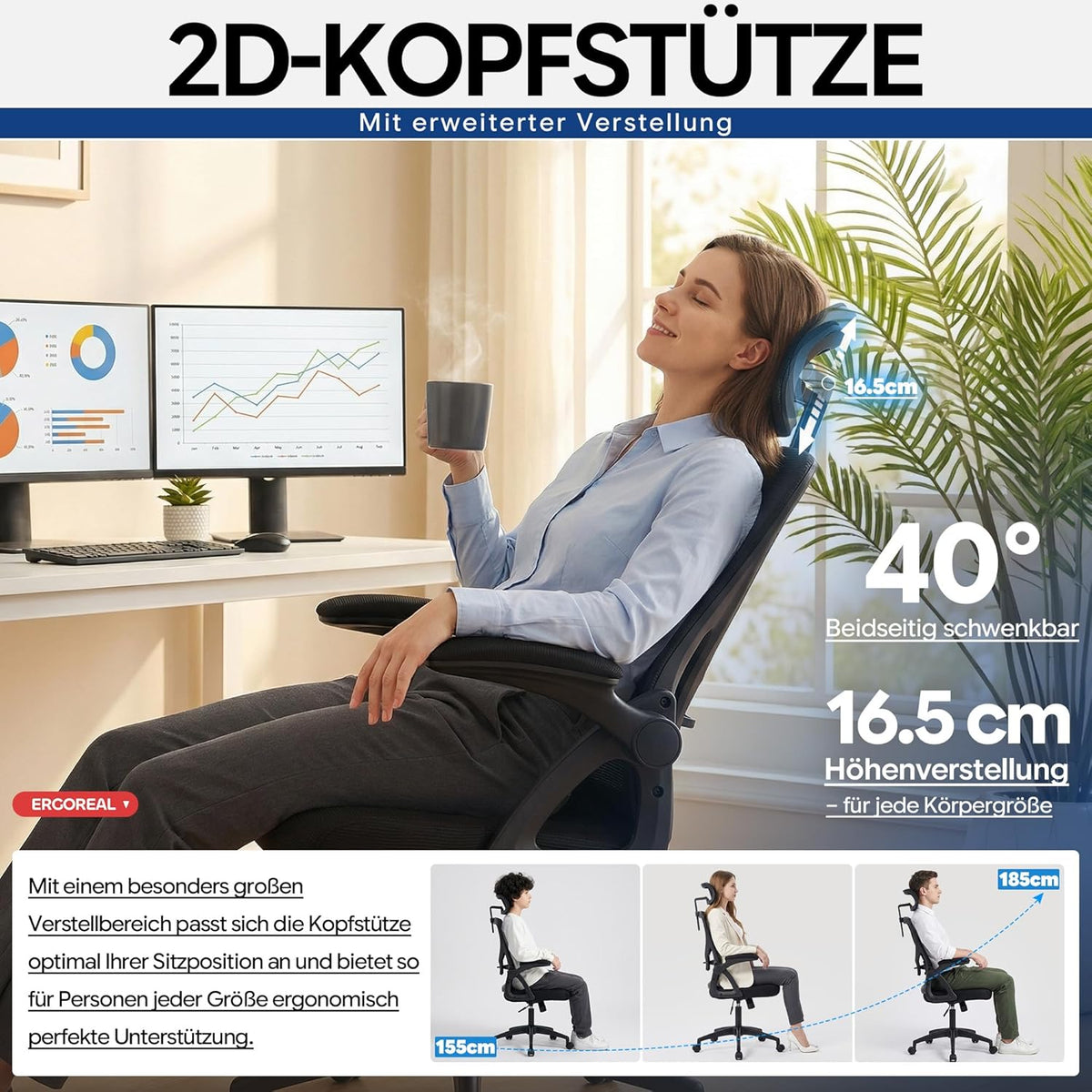 Ergonomic Mesh Office Chair for Home Office, with Adjustable Lumbar Support & 2D Headrest, Folding Armrests, Quiet PU Wheels, Sturdy Gas Spring Class 3, up to 140 kg (Deep Black)
