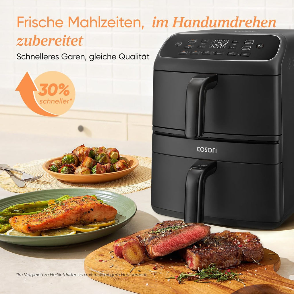 COSORI Airfryer Turbo Tower Compact Hot Air Fryer 2 Chambers Ceramic Coating 8.6 L Double Stack with Multiple Fan Levels 2700 W Black DC861