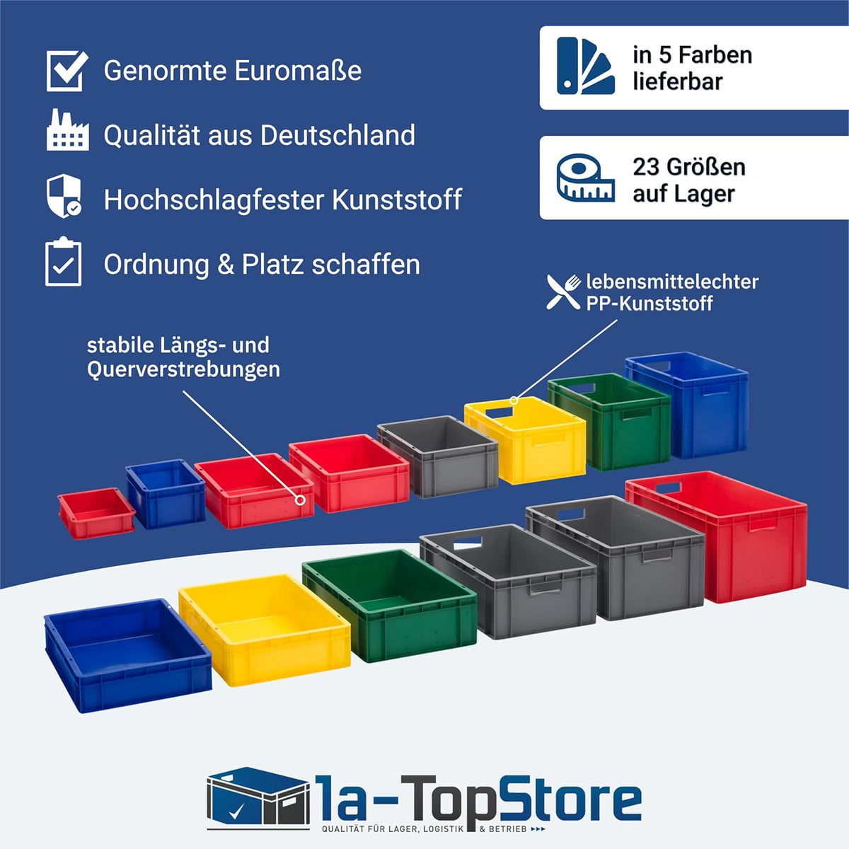1a-TopStore Euro Container, Stacking Box, Storage Container, Plastic and Transport Box, Over 23 Sizes, Many Colours, Food-Safe & Made of Robust PP (Grey, 40 x 30 x 7.5 cm)