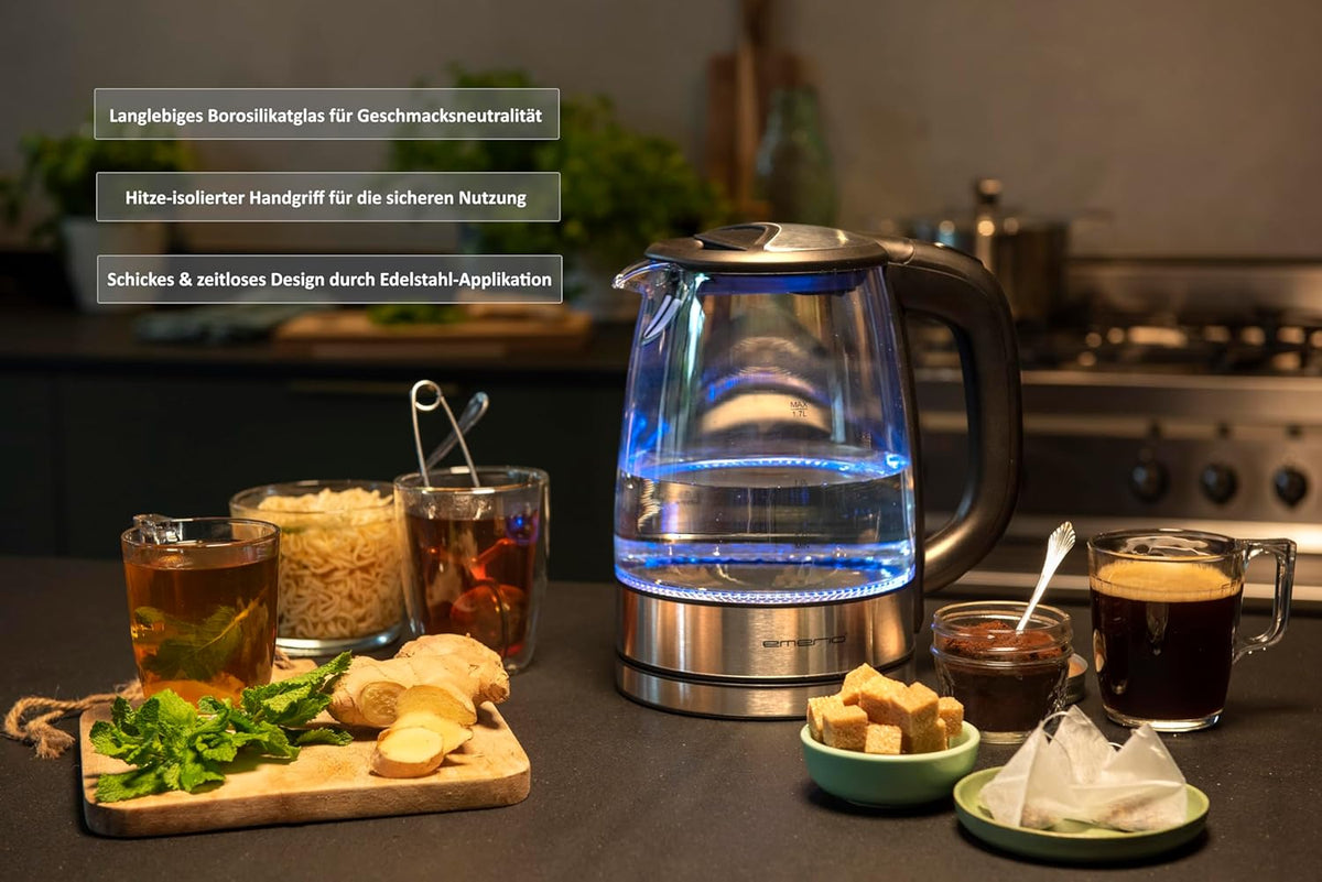 Emerio WK-119988 Glass Kettle, 1.7 Litre, 2200 Watt, LED Interior Lighting, 360 ° Base, Silver