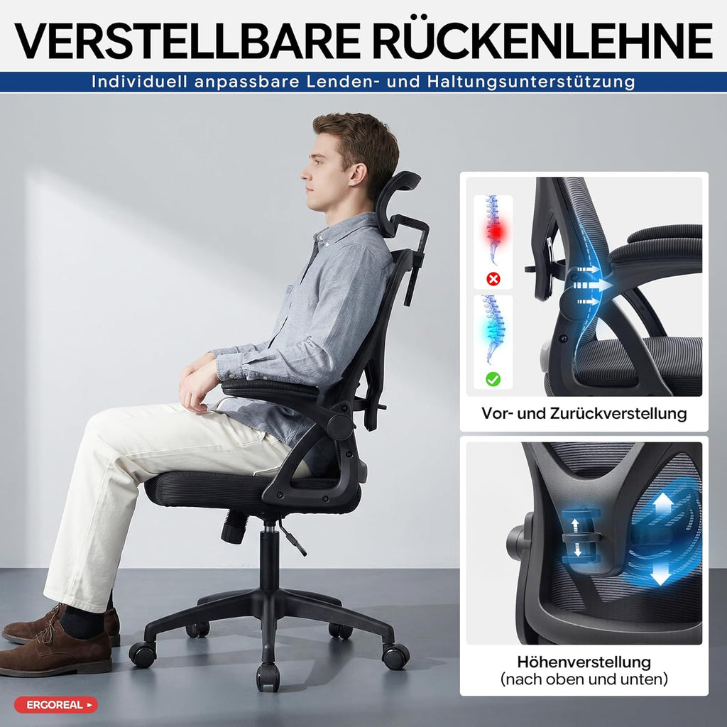 Ergonomic Mesh Office Chair for Home Office, with Adjustable Lumbar Support & 2D Headrest, Folding Armrests, Quiet PU Wheels, Sturdy Gas Spring Class 3, up to 140 kg (Deep Black)