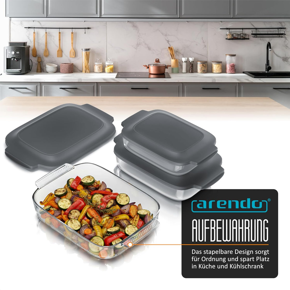 Arendo Glass Casserole Dish with Lid - Set of 3 - Borosilicate Glass - Rectangular Glass Casserole Dishes - Heat Resistant - Oven Safe Microwave Safe - Dishwasher Safe - Small to Large