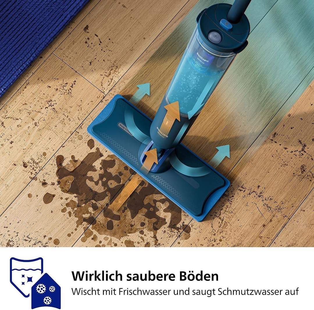 Philips OneUp 3000 Series Electric Mop - 2 x Cleaner Floors², 2 x Faster Wiping, Wireless with 360° Swivel, 2 Washable Reusable Pads, Long-Lasting Battery (XV3101/11)