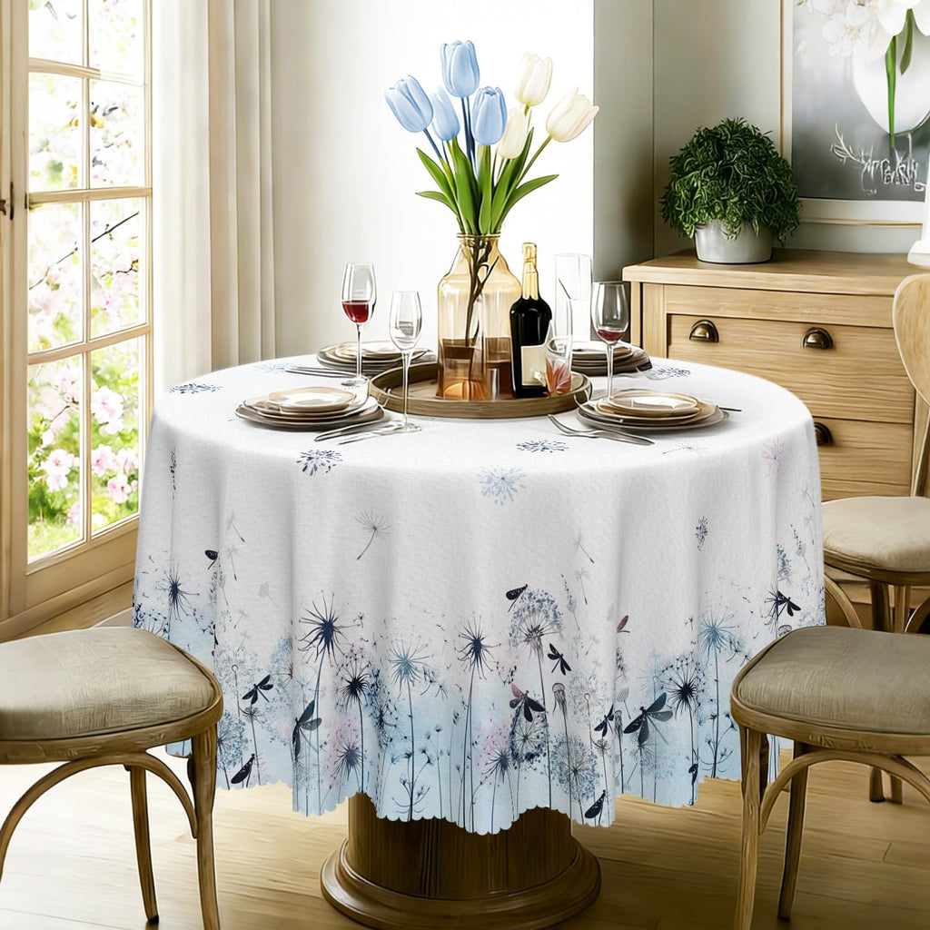 Round Tablecloth 120 cm Weatherproof Washable Polyester Dandelion Floral Pattern Outdoor Tablecloth for Garden Kitchen Dining Room Balcony for 2-4 People Waterproof and Durable