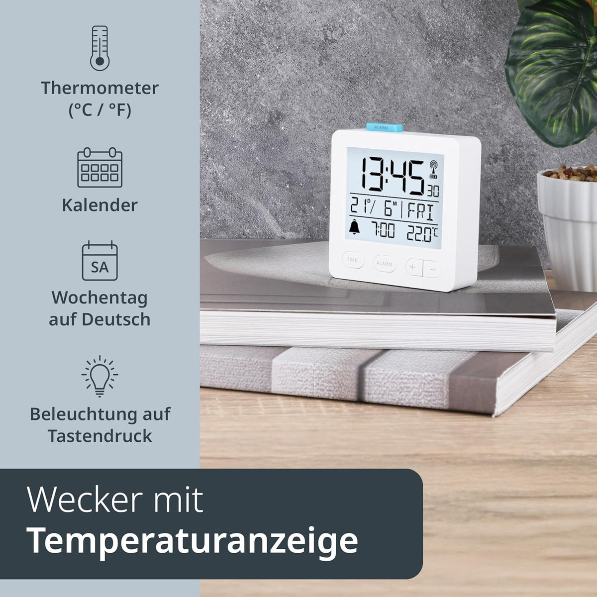 ADE Radio Alarm Clock Digital with Battery | Radio Clock with Light | Clock with Temperature Display | Travel Alarm Clock | with Thermometer and Date Display | White
