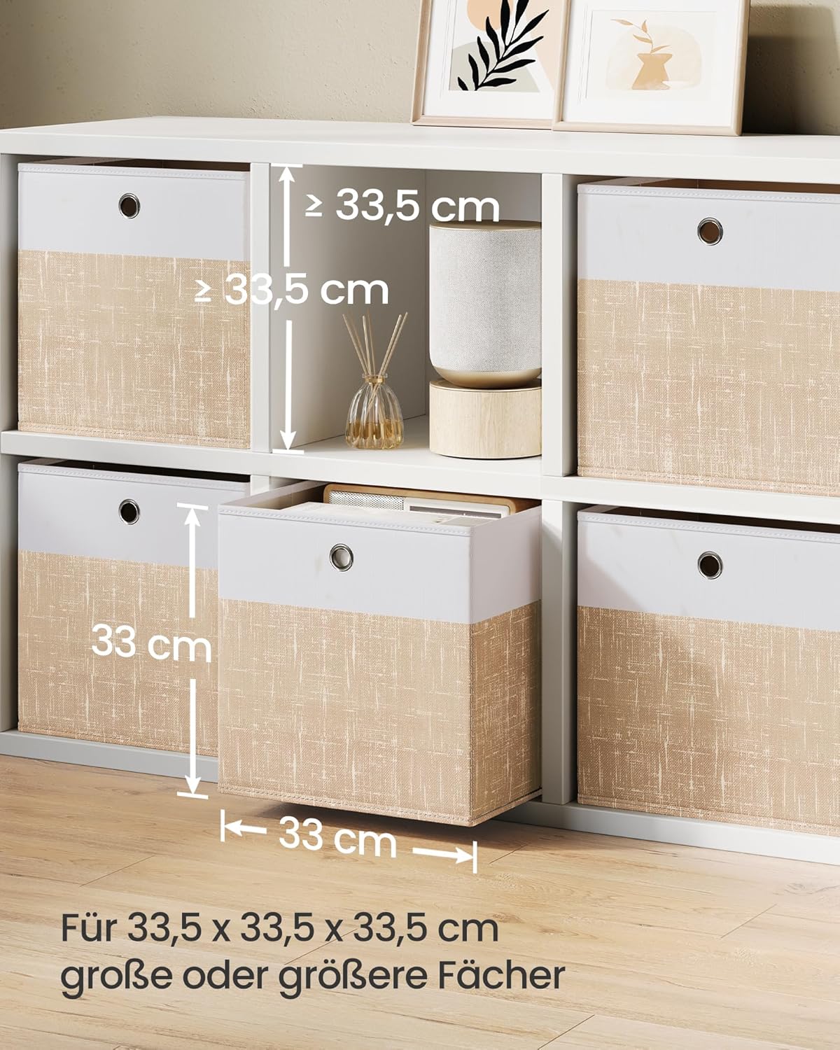 SONGMICS RFB433LF02 Storage Boxes, Set of 6, Storage Basket, Organiser Boxes with PP Panels, Odourless, Folding Box, Fabric Box for Cube Shelf, 33 x 33 x 33 cm, Cloud White/Sand Beige