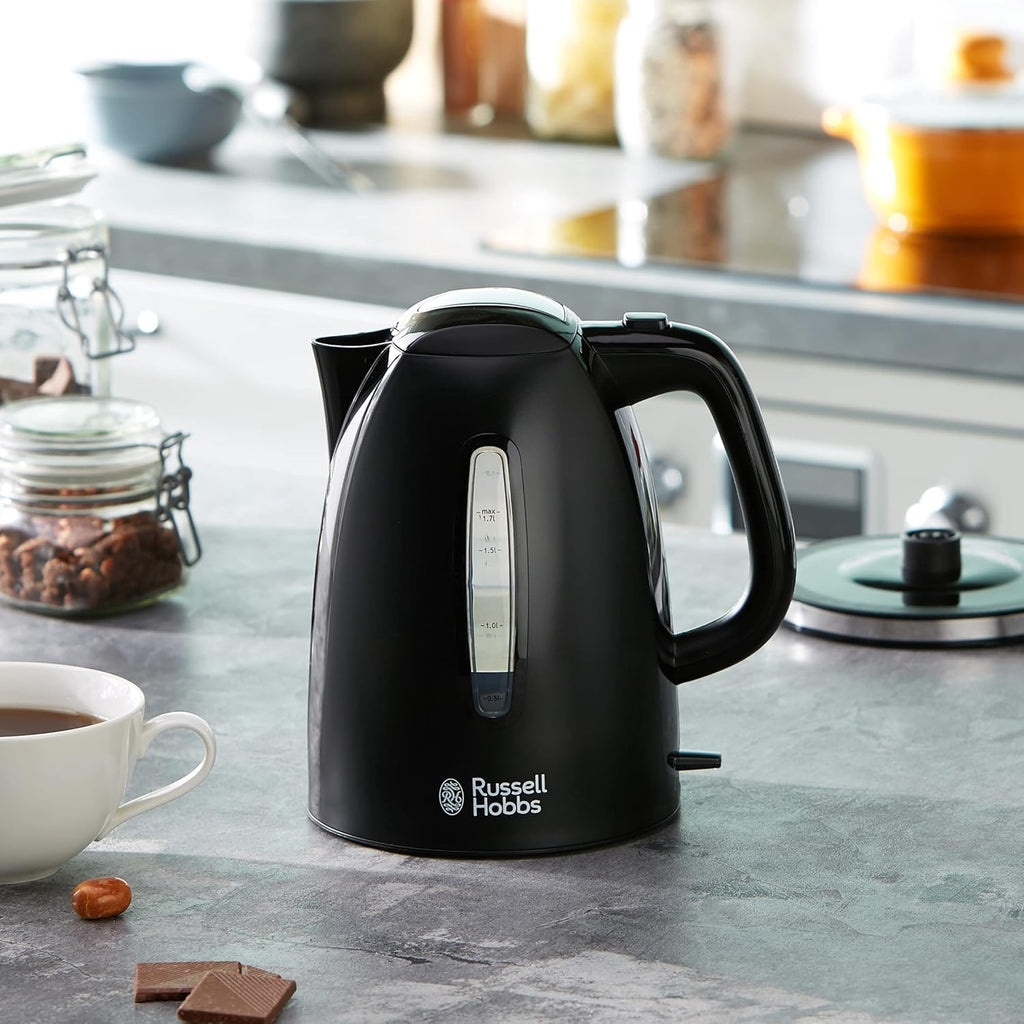 Russell Hobbs Textures+ 22591-70 Kettle 1.7 L 2400 W LED Lighting, Quick Cooking Function, Optimised Spout, Removable Limescale Filter, Tea Maker, Black, Energy Class A++