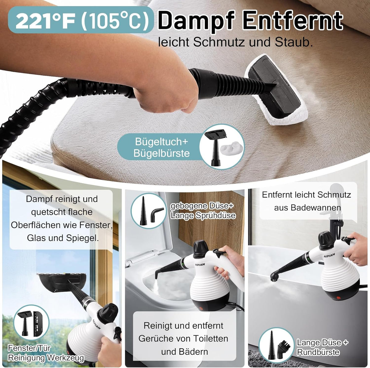 Handheld Steam Cleaner with 10 Piece Accessories, 1050W Steam Cleaner for Household, Kitchen, Bathroom, Window, Upholstery & Car - 100% Chemical Free, High Pressure Steam Against Dirt, Grease & Bacteria