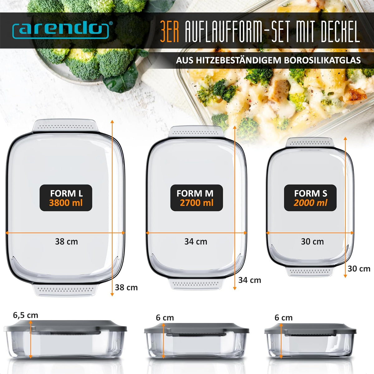 Arendo Glass Casserole Dish with Lid - Set of 3 - Borosilicate Glass - Rectangular Glass Casserole Dishes - Heat Resistant - Oven Safe Microwave Safe - Dishwasher Safe - Small to Large