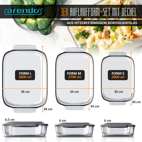 Arendo Glass Casserole Dish with Lid - Set of 3 - Borosilicate Glass - Rectangular Glass Casserole Dishes - Heat Resistant - Oven Safe Microwave Safe - Dishwasher Safe - Small to Large