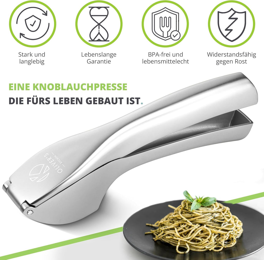Oliver's Kitchen Premium Garlic Press, Handy & Easy to Clean, Press Garlic & Ginger Effortlessly (No Peeling Required), Extra Strong & Durable in Stylish Zinc Alloy