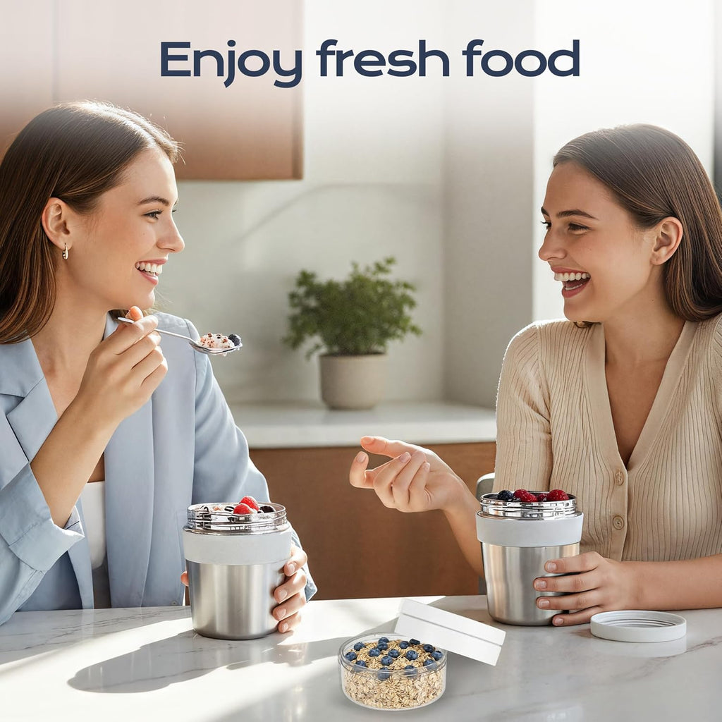Stainless Steel Cereal Cup to Go 500 ml + 220 ml Includes Spoon, Leak-proof and Insulated. Suitable for Oatmeal, Yoghurt and Other Foods. Ideal to Take with You on the Go