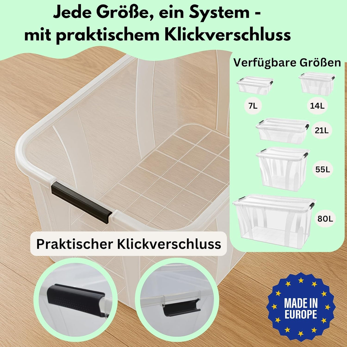80L Storage Box with Lid - Clear Plastic Box, Stackable, Reinforced Base, Heavy Duty Locking Clips - Ideal for Kitchen & Household & HVAC Block