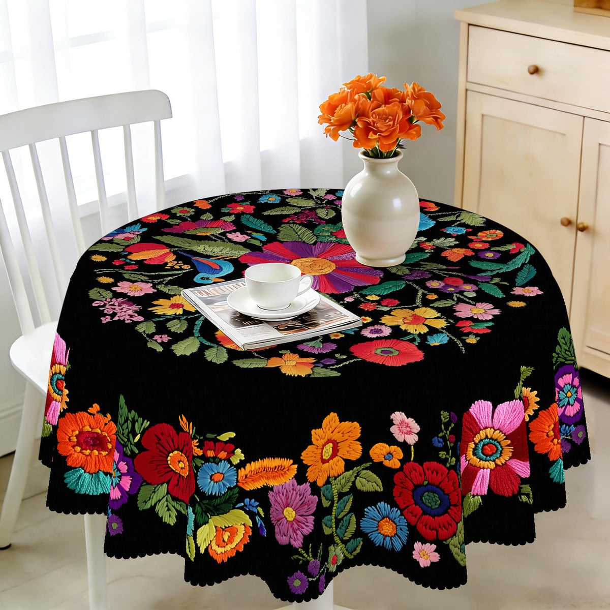 Round Tablecloth 120 cm Weatherproof Washable Polyester Dandelion Floral Pattern Outdoor Tablecloth for Garden Kitchen Dining Room Balcony for 2-4 People Waterproof and Durable