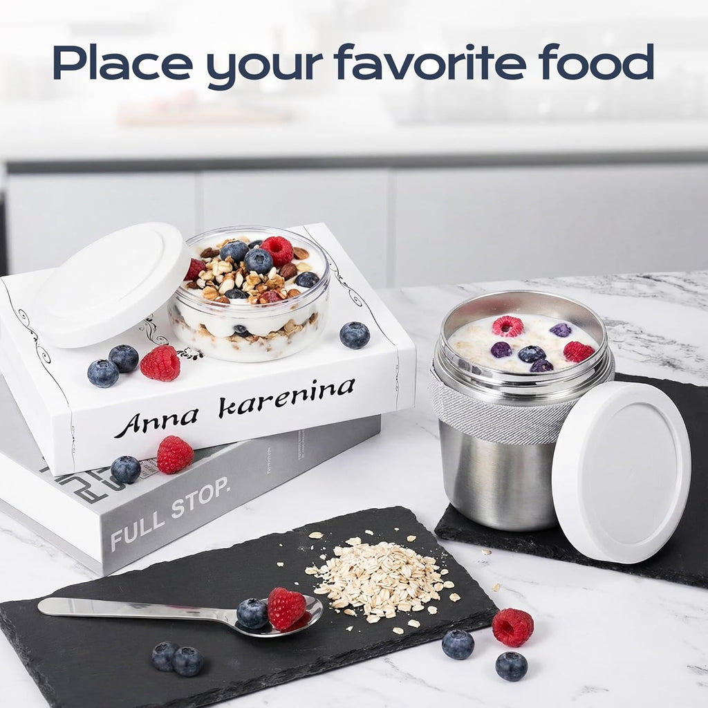 Stainless Steel Cereal Cup to Go 500 ml + 220 ml Includes Spoon, Leak-proof and Insulated. Suitable for Oatmeal, Yoghurt and Other Foods. Ideal to Take with You on the Go