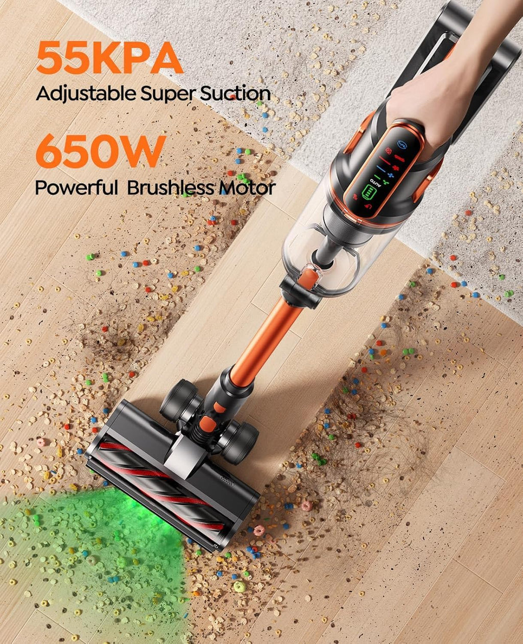 Fieety Battery Vacuum Cleaner, 600 W/50 kPa/65 Min Wireless Vacuum Cleaner with Wall-Mounted Charging Station, Aromatherapy, Automatic Mode, Flexible Bending Joint, 1 m Hose for Hard Floors, Carpets