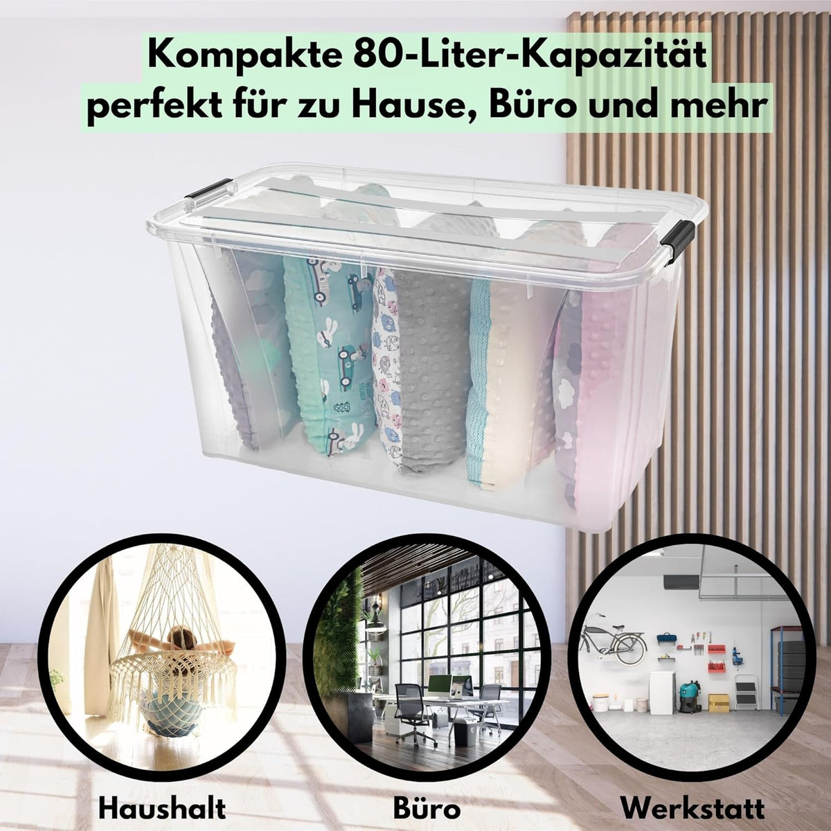 80L Storage Box with Lid - Clear Plastic Box, Stackable, Reinforced Base, Heavy Duty Locking Clips - Ideal for Kitchen & Household & HVAC Block