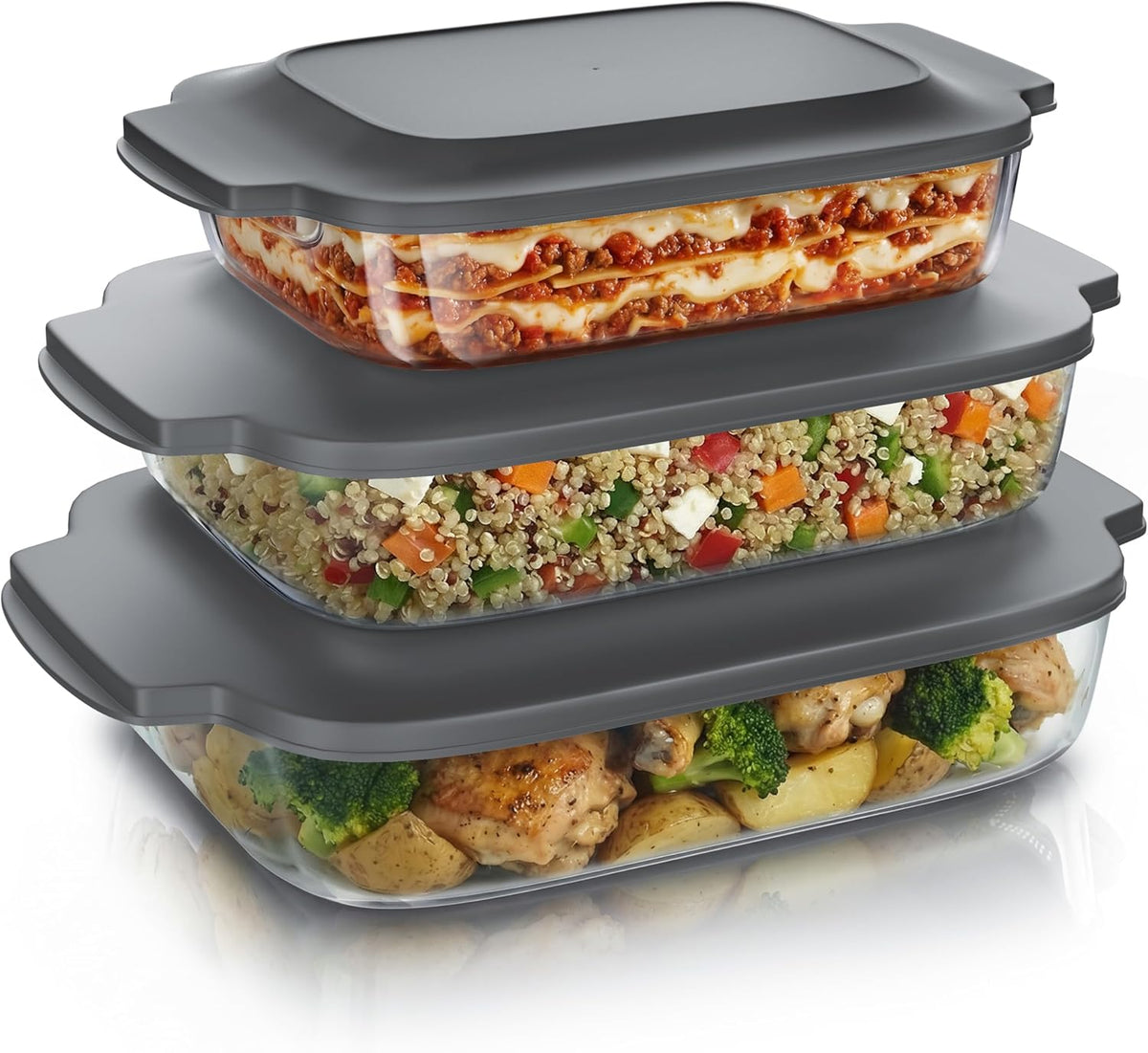 Arendo Glass Casserole Dish with Lid - Set of 3 - Borosilicate Glass - Rectangular Glass Casserole Dishes - Heat Resistant - Oven Safe Microwave Safe - Dishwasher Safe - Small to Large