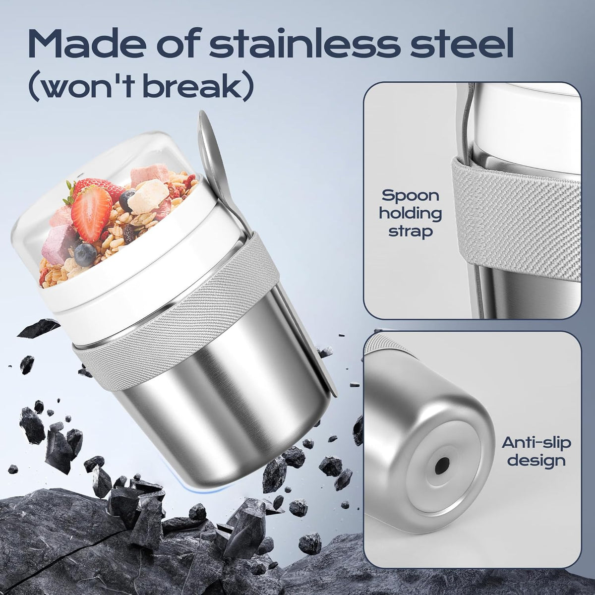 Stainless Steel Cereal Cup to Go 500 ml + 220 ml Includes Spoon, Leak-proof and Insulated. Suitable for Oatmeal, Yoghurt and Other Foods. Ideal to Take with You on the Go