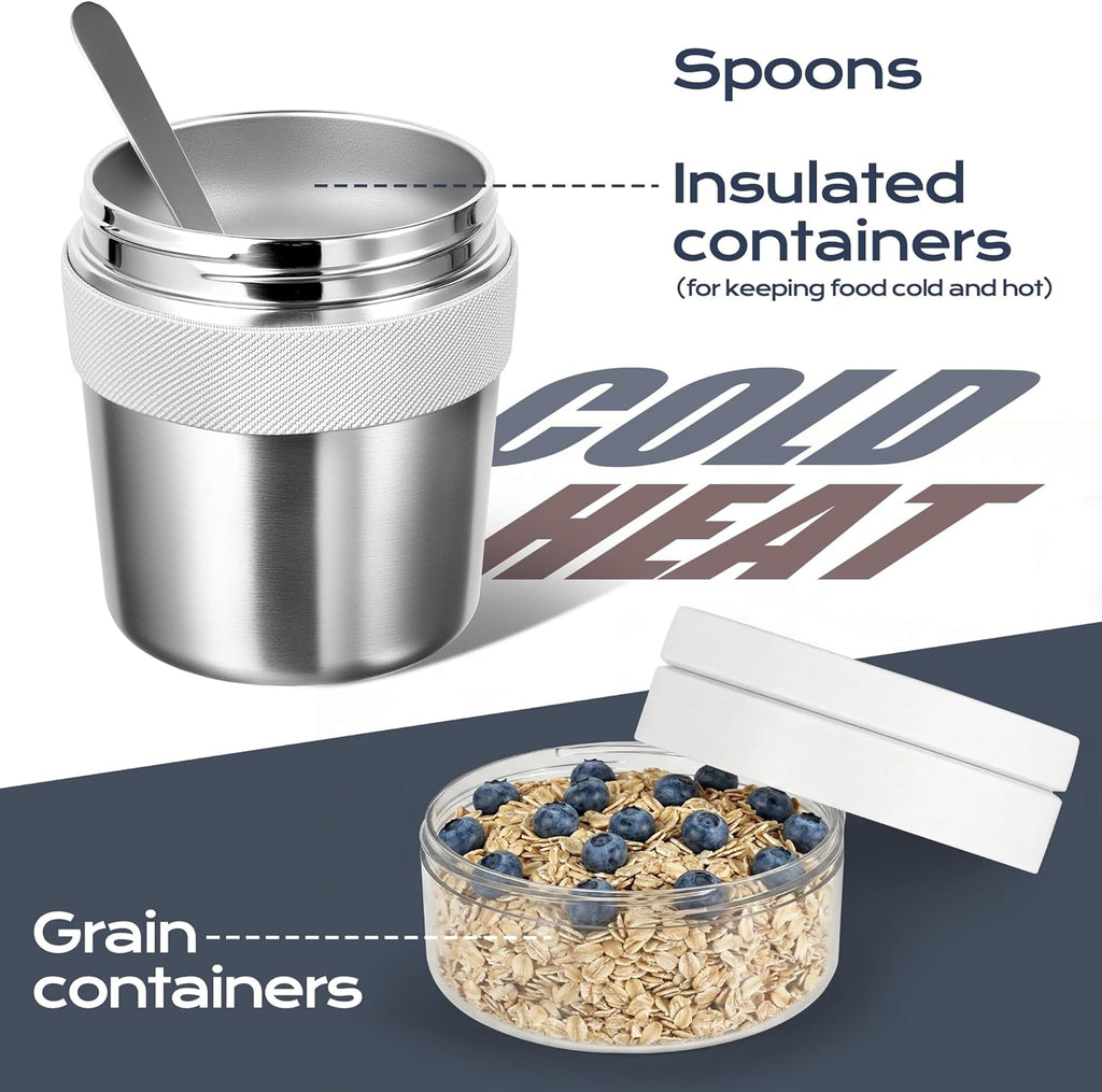 Stainless Steel Cereal Cup to Go 500 ml + 220 ml Includes Spoon, Leak-proof and Insulated. Suitable for Oatmeal, Yoghurt and Other Foods. Ideal to Take with You on the Go
