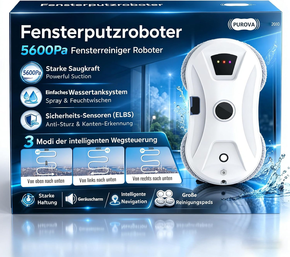 Window Cleaning Robot with Spray Function, 5600 Pa Window Robot with Intelligent Navigation, 3 Cleaning Modes, Safety Rope and UPS, for Windows, Glass, Mirrors and Tiles