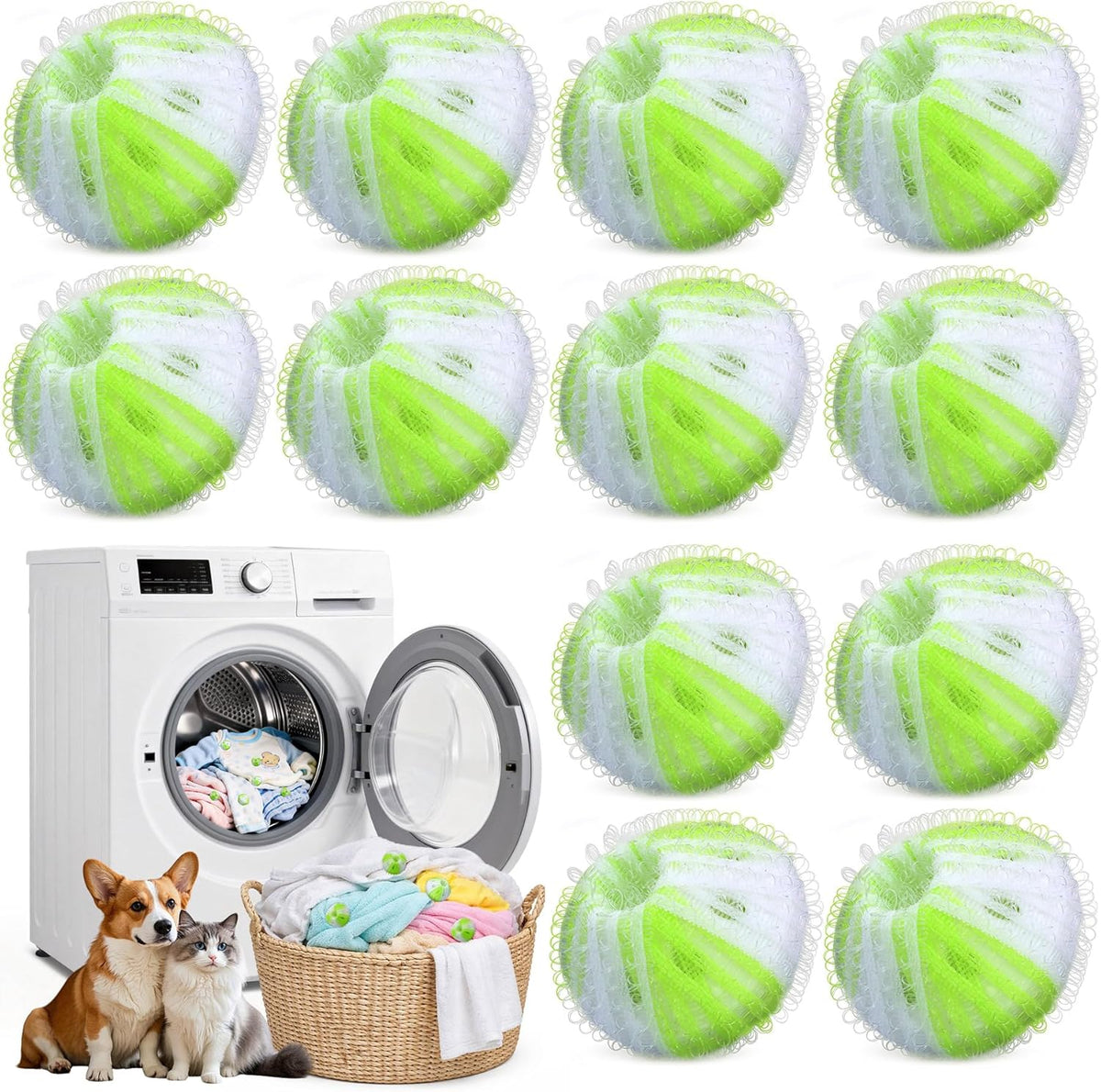 Pet Hair Remover for Washing Machine - Pack of 12 Reusable Lint Balls Against Dog Hair & Cat Hair | Hair Catcher Washing Machine for Clothes & Blankets (Green)