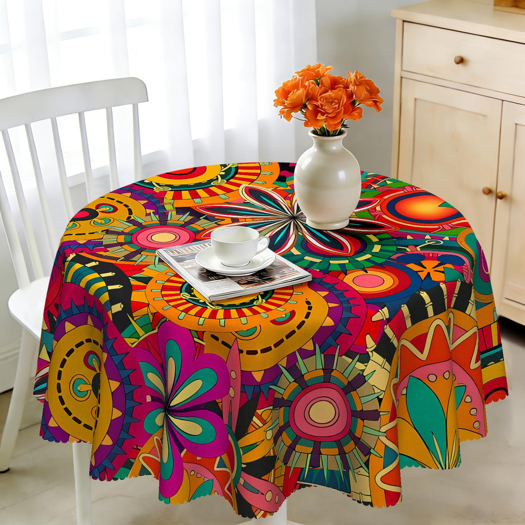 Round Tablecloth 120 cm Weatherproof Washable Polyester Dandelion Floral Pattern Outdoor Tablecloth for Garden Kitchen Dining Room Balcony for 2-4 People Waterproof and Durable