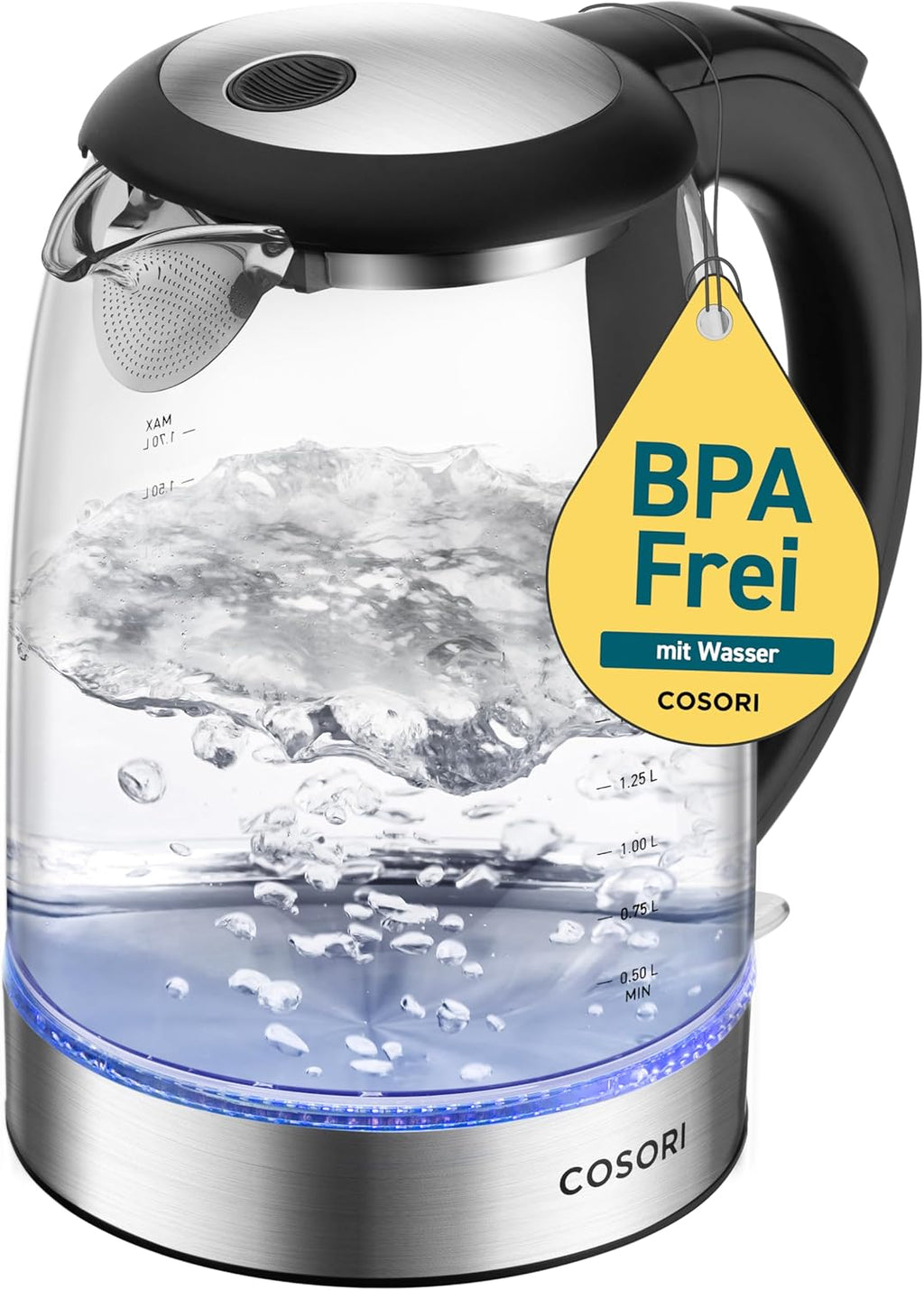 COSORI Glass Kettle 1.7 L, Boils in 2 Minutes, Plastic-Free Water Touching Parts, 304 Stainless Steel Limescale Filter, 2200 W, Overheating Protection, 360° Rotating Base, Black