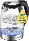 COSORI Glass Kettle 1.7 L, Boils in 2 Minutes, Plastic-Free Water Touching Parts, 304 Stainless Steel Limescale Filter, 2200 W, Overheating Protection, 360° Rotating Base, Black