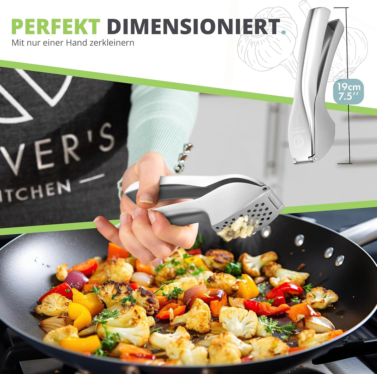 Oliver's Kitchen Premium Garlic Press, Handy & Easy to Clean, Press Garlic & Ginger Effortlessly (No Peeling Required), Extra Strong & Durable in Stylish Zinc Alloy