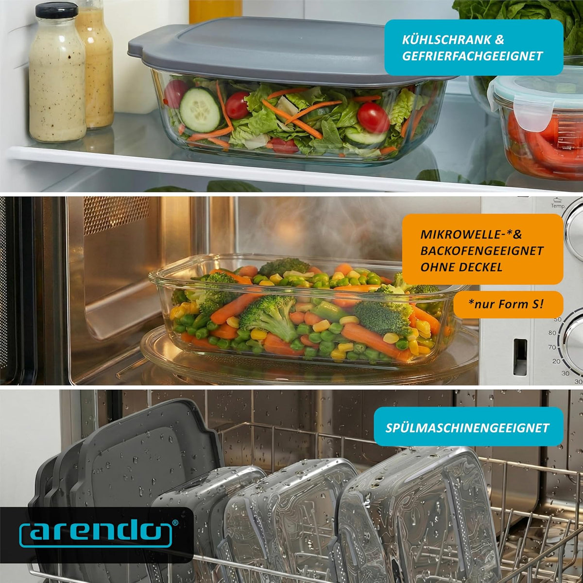 Arendo Glass Casserole Dish with Lid - Set of 3 - Borosilicate Glass - Rectangular Glass Casserole Dishes - Heat Resistant - Oven Safe Microwave Safe - Dishwasher Safe - Small to Large