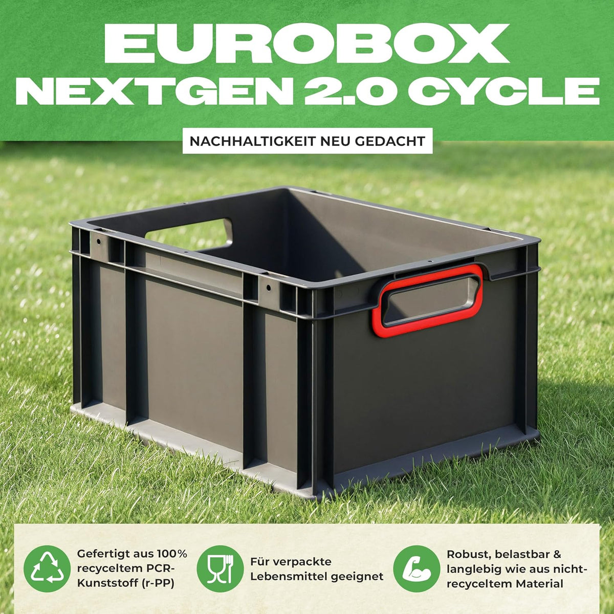 aidB Eurobox NextGen 2.0 Cycle - 400 x 300 x 220 mm - 20L Recycled Material Storage Box - Stackable Storage Box in Anthracite - Closed Handles - Industrial Quality - Includes Blue Colour Clips
